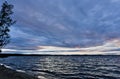 Dark blue evening cloudy watercolor sky over the lake Royalty Free Stock Photo