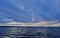Dark blue evening cloudy watercolor sky over the lake Royalty Free Stock Photo