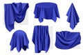 Dark blue fabric covers on objects with drapery set, 3D drape in cloth on sphere, table, frames