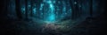 Dark blue fantasy forest fairytale with abstract fireflies bokeh background. 3d rendered composition.