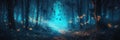 Dark blue fantasy forest fairytale with abstract fireflies bokeh background. 3d rendered composition.