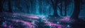 Dark blue fantasy forest fairytale with abstract fireflies bokeh background. 3d rendered composition.