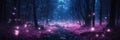 Dark blue fantasy forest fairytale with abstract fireflies bokeh background. 3d rendered composition.