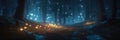 Dark blue fantasy forest fairytale with abstract fireflies and mushroom bokeh background. 3d rendered composition.