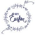Dark blue flower frame card with sweet Happy easter sign in blue color with cute bunny. Flower blue border, blue rabbit