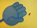 Fly swatter and a dead fly on a yellow background Royalty Free Stock Photo