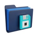 Dark Blue Folder with Blue Documents and a Cyan Floppy Disk Icon on a White Background Royalty Free Stock Photo