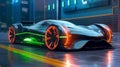 Dark Blue Future Electric Sport Car concept with some Orange and Green Lights without any brand inside a Night Street - AI