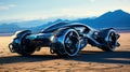 Dark blue futuristic sports racing car races across land of alien planet. Futuristic concept of technologies of other