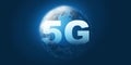 Dark Blue 5G Network Label with Earth Globe - Background High Speed Broadband Mobile Telecommunication and Wireless Internet Royalty Free Stock Photo