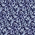 Dark blue garden leaves stem seamless pattern