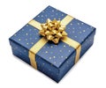 dark blue gift box with gold ribbon and a beautiful blue bow on a white isolated background Royalty Free Stock Photo