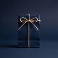Dark Blue Gift Box with Jute Bow Royalty Free Stock Photo