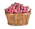 Dark blue grapes in a wooden basket isolated