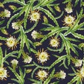 Dark blue and green blooming cactus branches with flowers and buds watercolor seamless pattern. Botanical background Royalty Free Stock Photo