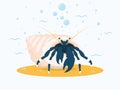 Dark Blue Hermit Crab on The Seabed. Background With Cartoon Sea Creature, Waves and Bulbs. Royalty Free Stock Photo