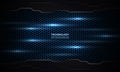 Dark blue hexagon technology carbon fiber background with bright flashes and tech shapes frame border Royalty Free Stock Photo