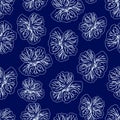 Dark Blue Hibiscus flower print. Gorgeous nasturtium. Floral Pattern. Trendy seamless background. Fashion Texture. Line drawing.
