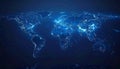 Dark Blue Illuminated World Map with Glowing Continents and Digital Network Lines global Royalty Free Stock Photo