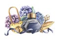 Dark blue ink in a glass inkwell with a gold lock, key and feather, with hydrangea flowers and ribbons. Hand drawn Royalty Free Stock Photo