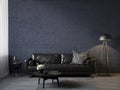 Dark blue interior with black leather sofa, coffe table, decor and brick wall. Royalty Free Stock Photo