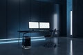 Dark blue interior with workplace and two empty white mock up computer monitors, reflections on floor. Hackers workspace concept.