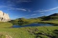 A dark blue lake surrounded by the vivid green hills and many camping tents