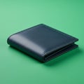 Dark blue leather wallet on a bright green background. The wallet has a smooth Royalty Free Stock Photo