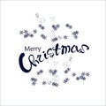 Dark blue lettering Merry Christmas in snowflake and birds wreath on white Royalty Free Stock Photo