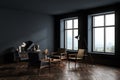 Dark blue living room interior with armchairs and coffee table, mockup Royalty Free Stock Photo