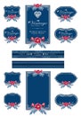 Dark blue luxury invitation flower labels and blank labels. Royalty Free Stock Photo