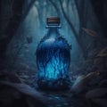 Dark blue magic potion in a glass bottle on a spooky forest background. Generative AI Royalty Free Stock Photo