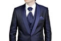 Dark blue men suit, wedding or evening, waistcoat, shirt, plastr