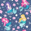 Dark blue mermaid pattern. Mermaid sisters set. For kids t-shirts, fashion artwork, children books, prints and fabrics or