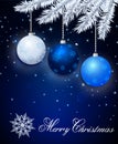 Dark blue Merry Christmas greeting card with balls, snowflake and Christmas tree branch.