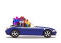 Dark blue modern cartoon cabriolet car full of gift boxes