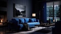 Dark Blue monochrome living room. Interior design