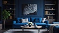 Dark Blue monochrome living room. Interior design