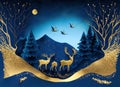 Dark blue mural wallpaper from the contemporary era Christmas tree mountain deer birds. Generative AI