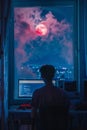 Dark blue night. room. Man remote work with computer. moon and pink cloud in the window