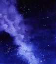 Dark blue night sky with stars and the Milky Way. Abstract watercolor background. Hand-drawn illustration on texture Royalty Free Stock Photo