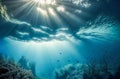 Dark blue ocean surface seen from underwater. Abstract waves underwater and rays of sunlight shining through. Generative AI Royalty Free Stock Photo