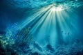 Dark blue ocean surface seen from underwater. Abstract waves underwater and rays of sunlight shining through. Generative AI Royalty Free Stock Photo