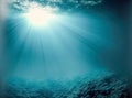 Dark blue ocean surface seen from underwater. Abstract waves underwater and rays of sunlight shining through. Generative AI Royalty Free Stock Photo