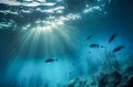Dark blue ocean surface seen from underwater. Abstract waves underwater and rays of sunlight shining through. Generative AI Royalty Free Stock Photo