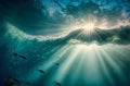 Dark blue ocean surface seen from underwater. Abstract waves underwater and rays of sunlight shining through. Generative AI Royalty Free Stock Photo