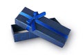 Dark blue open gift box with satin bow Royalty Free Stock Photo