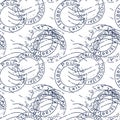 Seamless pattern with blue stamps on white paper for fabrics, textiles, packaging and wallpaper Royalty Free Stock Photo