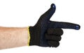 Dark blue protective cloth gloves with hand, handyman equipment Royalty Free Stock Photo