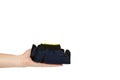 Dark blue protective cloth gloves with hand, handyman equipment Royalty Free Stock Photo